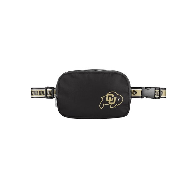 A black crossbody bag with the iconic CU Buffalo logo in gold on the bottom left. Also features a gold and black strap that says "Colorado" and features the buffalo logo.