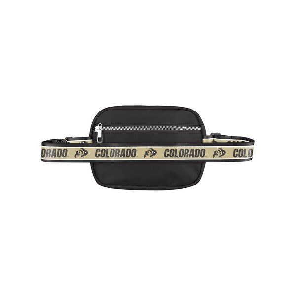 The back of the black crossbody bag, featuring a black and gold strap that says "Colorado" and features the buffalo logo. Also shows a small zippered pocket on the back.