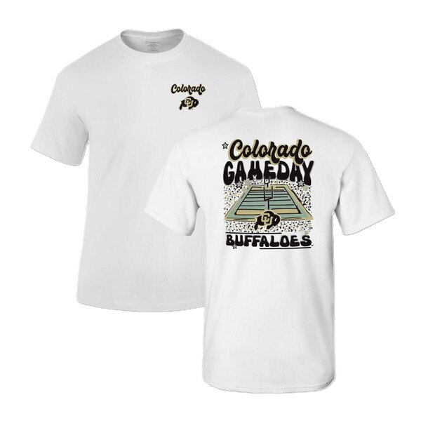 White Colorado Buffaloes Gameday T-shirt with CU Buffs logo on the front and stadium graphic on the back
