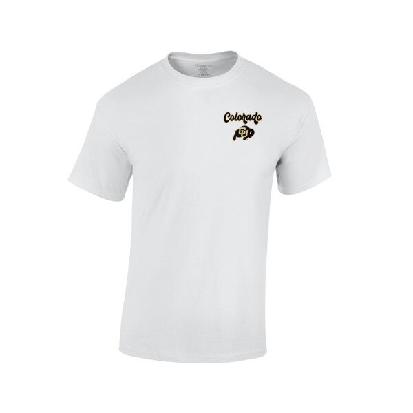 White Colorado Buffaloes T-shirt with CU Buffs logo and Colorado script on the front