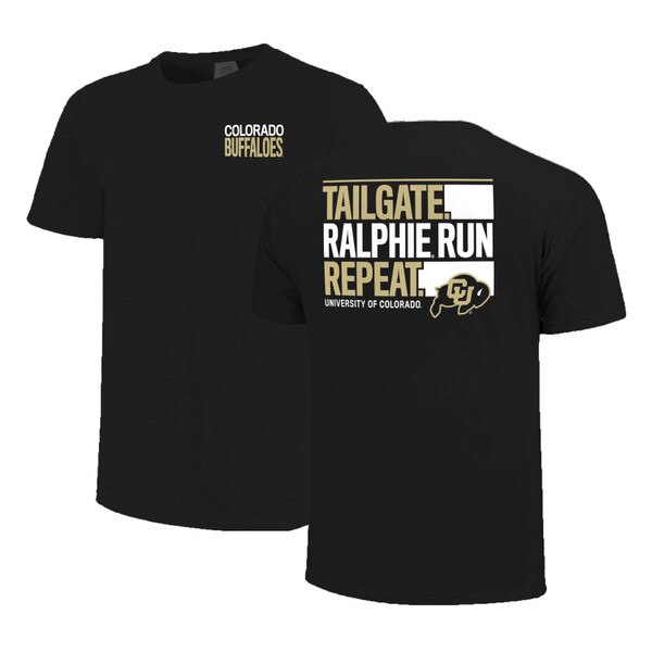 A black t-shirt that says "Colorado Buffaloes" on the left chest in white and gold and "Tailgate. Ralphie Run. Repeat" on the back with the iconic CU Buffalo logo.