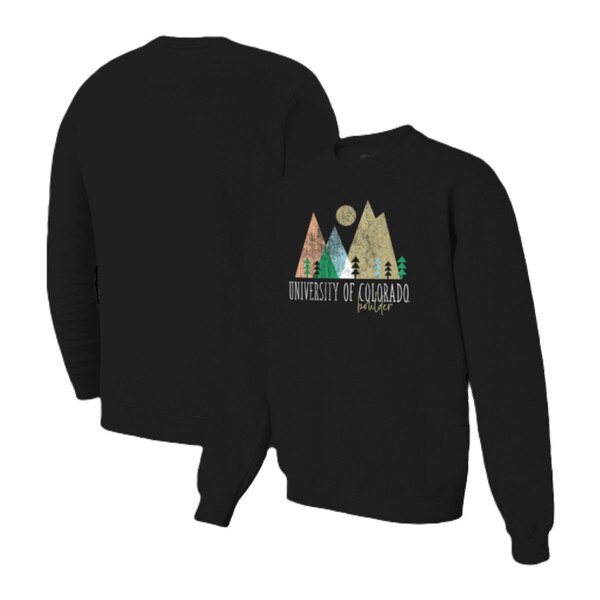 A black crewneck with colorful mountain shapes above "University of Colorado Boulder" with Boulder written in cursive.