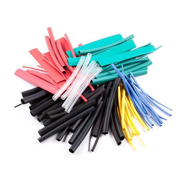 A ninety-five piece heat shrink kit in colors black, transparent, red, green, blue, and yellow.