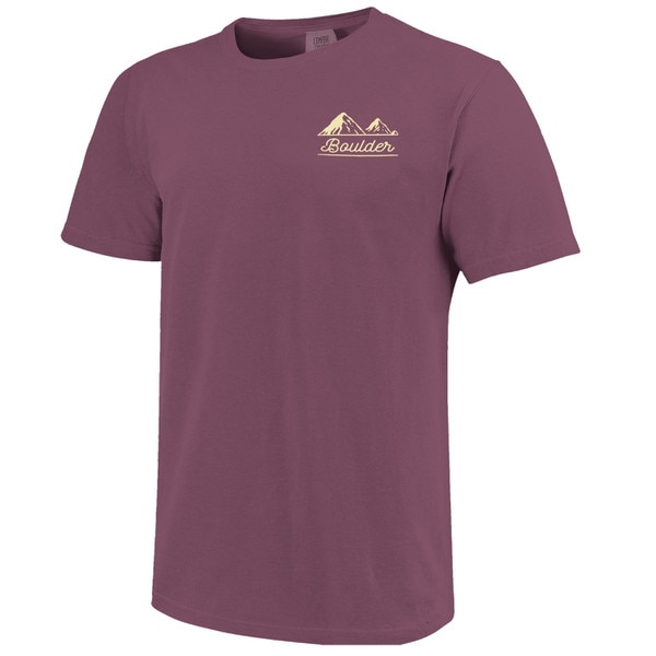 The front of the Adventure is Calling t-shirt. It is purple and says Boulder in cursive on the left chest between two lines. There is also a mountain outline on top of the text.