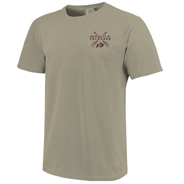Sand colored t-shirt with "University of Colorado" written out in dark brown text in-between interlocking paddles with the CU Buffalo logo below.