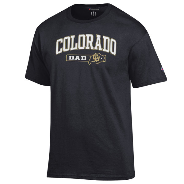A black short sleeve T-shirt, proudly displaying "Colorado Dad" with a CU Buffalo logo.