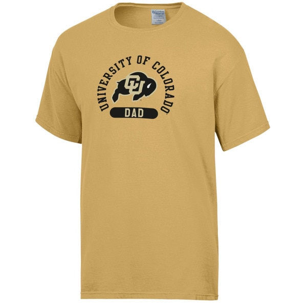 A gold t-shirt that says "University of Colorado Dad" and features the iconic CU Buffalo logo in the center.