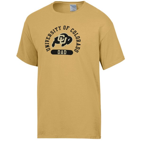 A gold t-shirt that says "University of Colorado Dad" and features the iconic CU Buffalo logo in the center.
