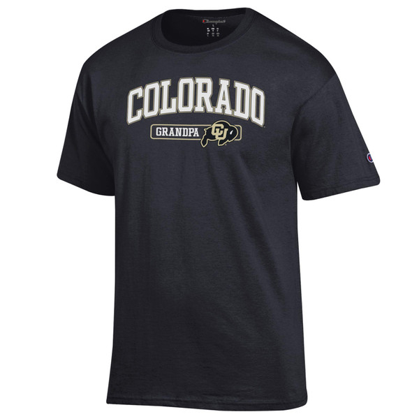 A black Champion short sleeve T-shirt, proudly displaying "Colorado Grandpa" with a CU Buffalo logo.