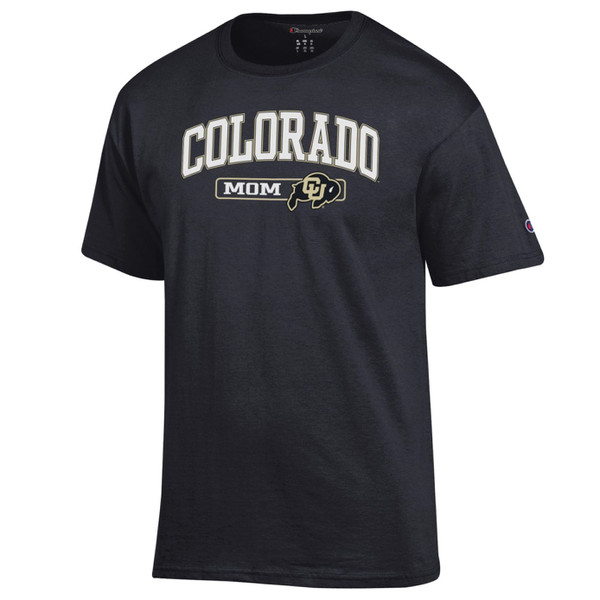 A black Champion short sleeve T-shirt, proudly displaying "Colorado Mom" with a CU Buffalo logo.