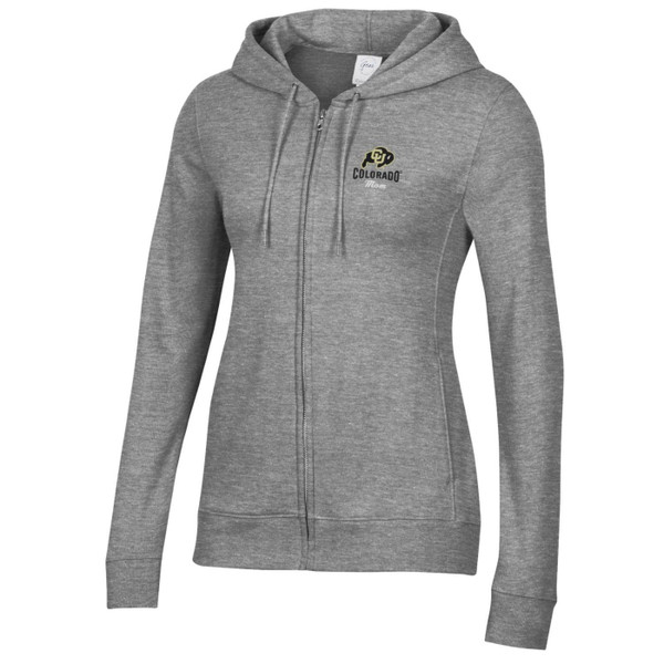 A grey full zip hoodie, proudly displaying "Colorado Mom" with a CU Buffalo logo.