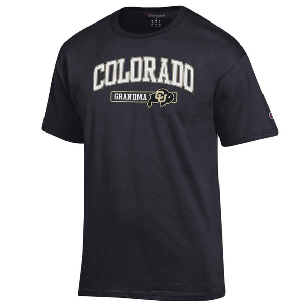A black Champion short sleeve T-shirt, proudly displaying "Colorado Grandma" with a CU Buffalo logo.