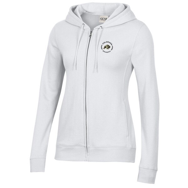 A white full zip hoodie, proudly displaying "Colorado Grandma" with a CU Buffalo logo.