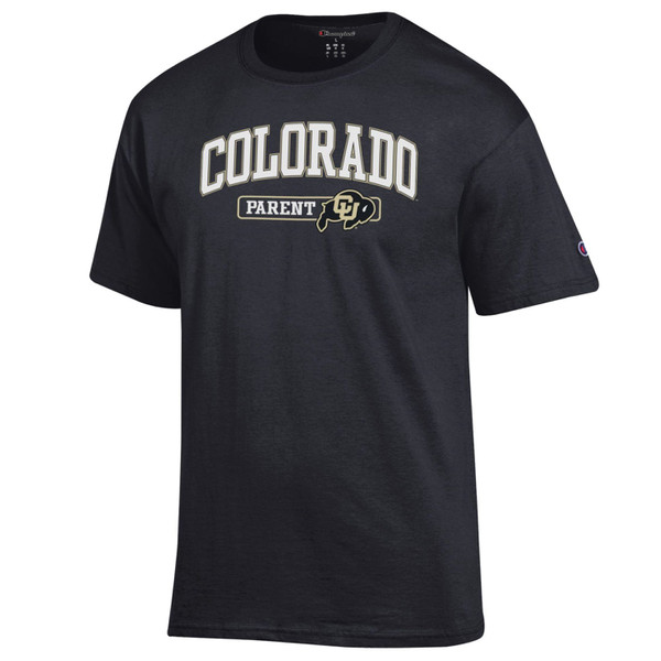 A black Champion short sleeve T-shirt, proudly displaying "Colorado Parent" with a CU Buffalo logo.