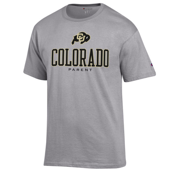 A grey Champion short sleeve T-shirt, proudly displaying "Colorado Parent" with a CU Buffalo logo.