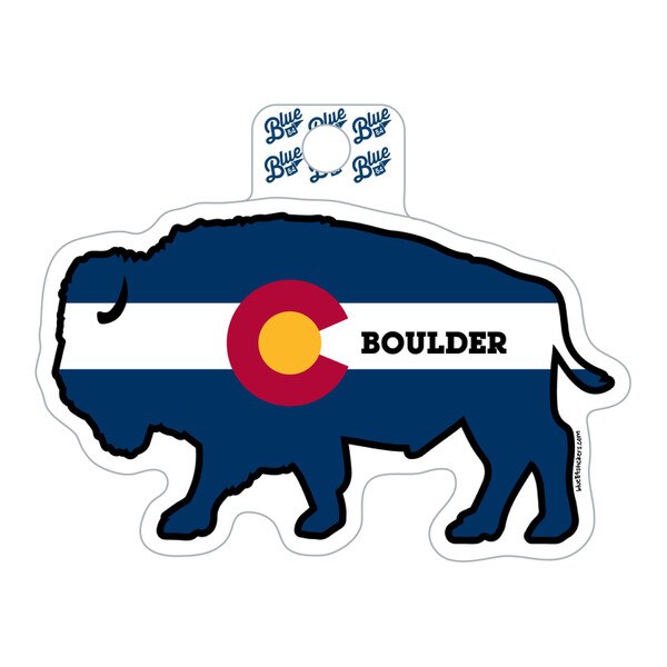 A buffalo shaped sticker with the blue, yellow, and red Colorado flag on it. It also says "Boulder" in black font.