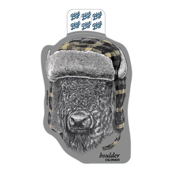 This sticker features a realistic black and white sketch of a buffalo. He's accessorizing with a black and gold buffalo check trapper hat.