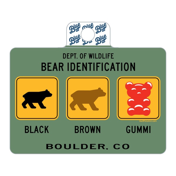 A sage green sticker with a gummy bear, black and brown bear in yellow square traffic signs and the words "bear identification" above the three bears and "boulder, co" below all in black writing.