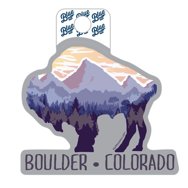 This is a beautiful sticker with a beautiful purple mountain scene and a bright yellow and orange sunset. Tons of purple evergreens line the base of the mountain. The text on the bottom is Purple.