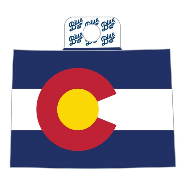 This is a Colorado shaped flag sticker with the signature red, white, blue, and yellow coloring. Red C with a yellow center over 2 blue lines with a white one in the middle.