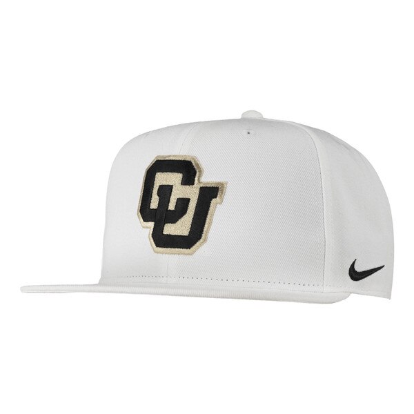 A white hat with an embroidered black and Vegas Gold interlocking CU logo.