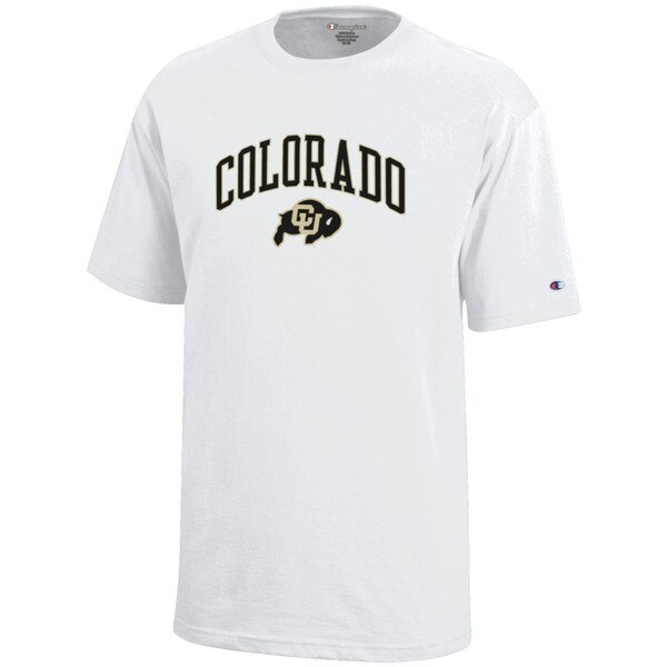 A white t-shirt that has Colorado in bold print arching over a CU Buffalo Logo.