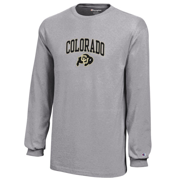 A Grey long sleeve t-shirt. Colorado is printed over a CU Buffalo logo.