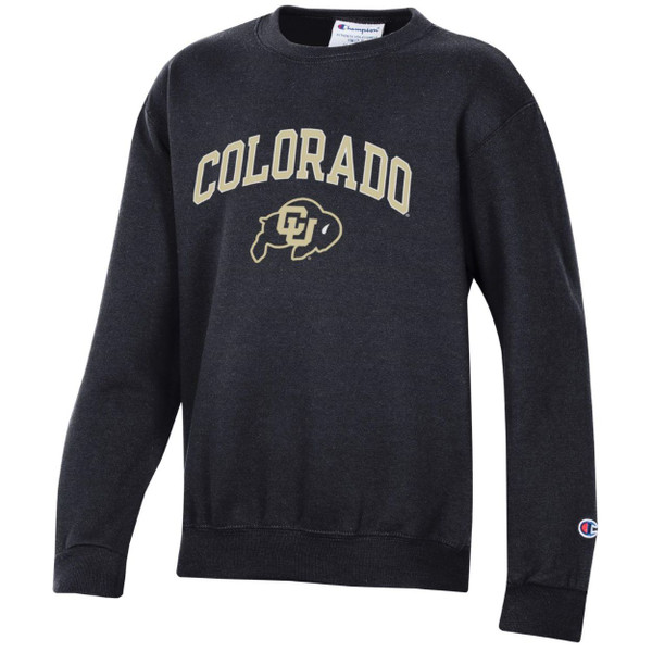 A Black youth sized crewneck sweatshirt with Colorado printed in bold arching over a CU Buffalo logo.