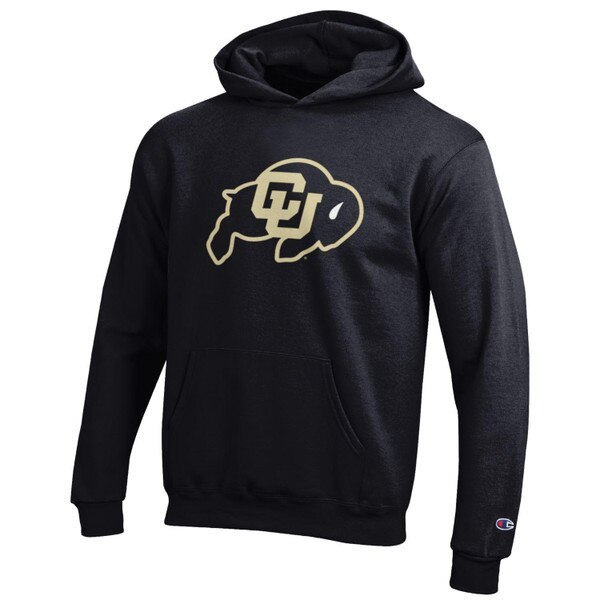 A Black youth sized fleece lined hoodie with a large CU Buffalo logo on the front.