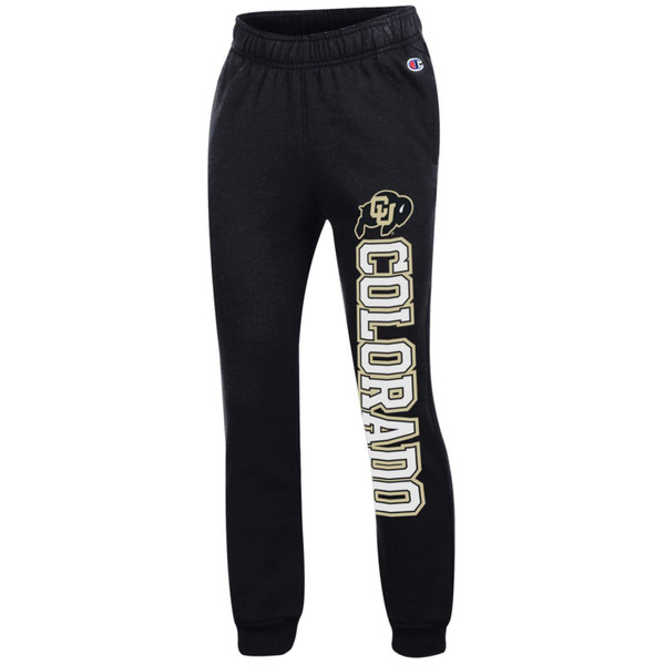 Black Youth Joggers. There is a CU Ralphie Logo on the left leg with Colorado printed in bold letters underneath.