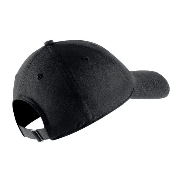 Back view of black Nike hat with adjustable strap and metal buckle