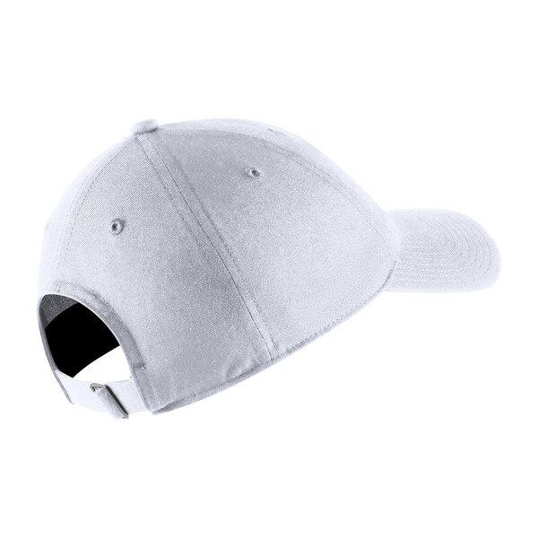 Back view of white Nike hat with adjustable strap and metal buckle