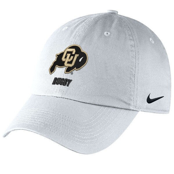 Front view of white Nike hat with CU Buffaloes logo and Rugby text