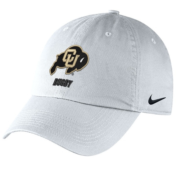 Front view of white Nike hat with CU Buffaloes logo and Rugby text