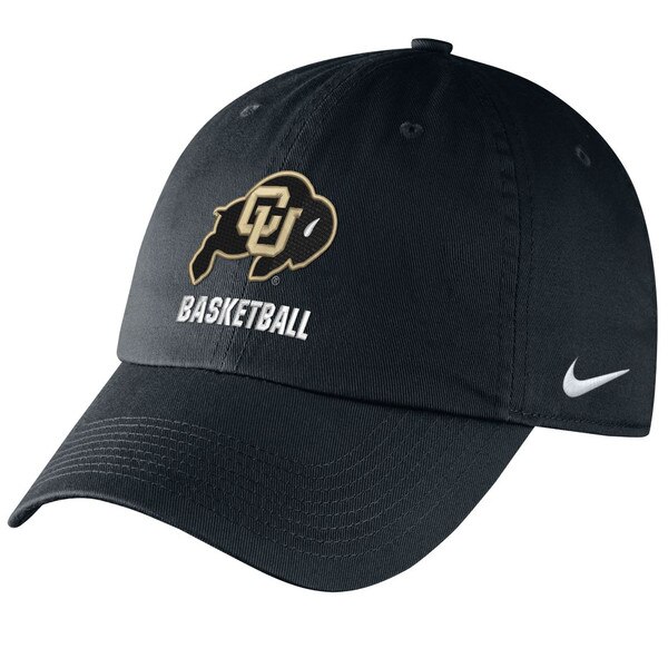 Front view of black Nike hat with CU Buffaloes logo and Basketball text