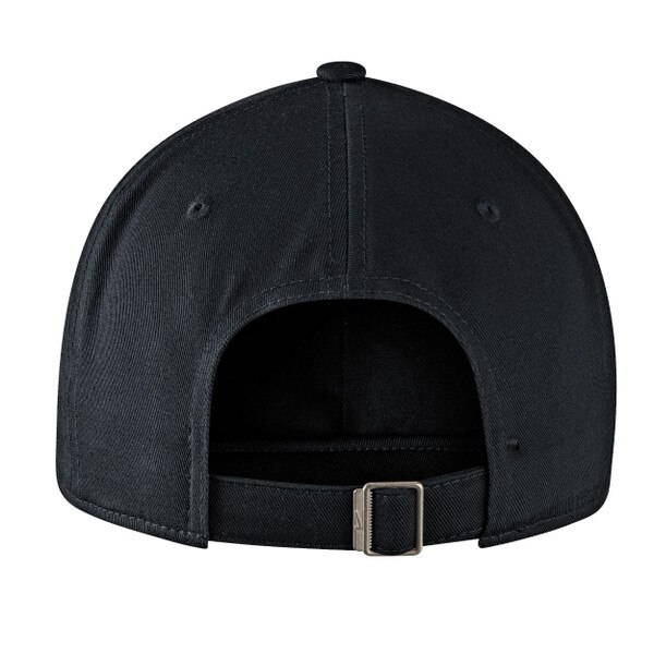 Back view of black Nike hat with adjustable strap and metal buckle