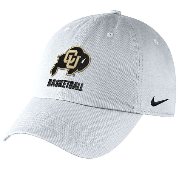 A white hat, displaying "Basketball" with a CU Buffalo logo on the front, and a Nike Swoosh on the left temple.