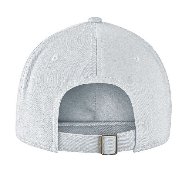 Back view of white Nike hat with adjustable strap and metal buckle