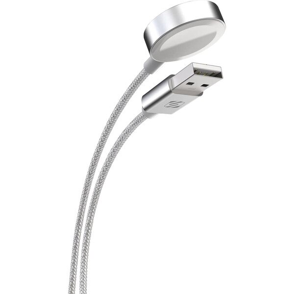 A magnetic silver Apple Watch charger.
