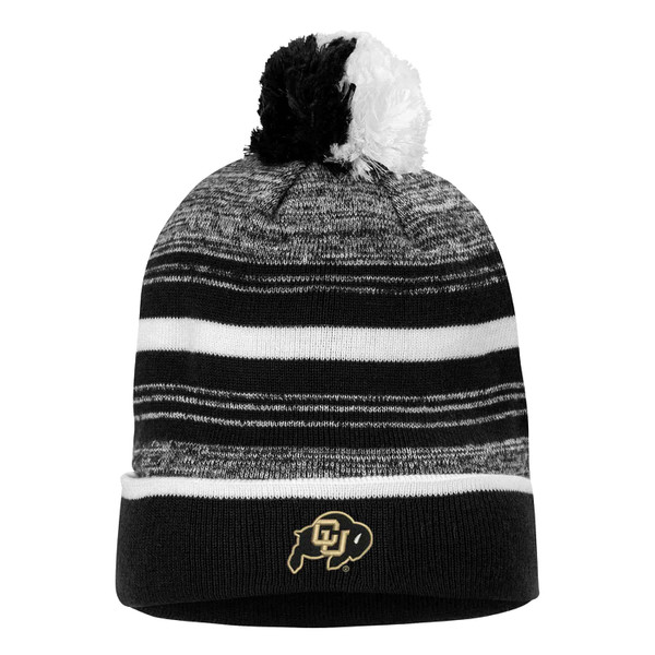 A black and white striped beanie with a black and white fuzzy pom-pom on top, featuring a C-U Buffalo logo on the front.