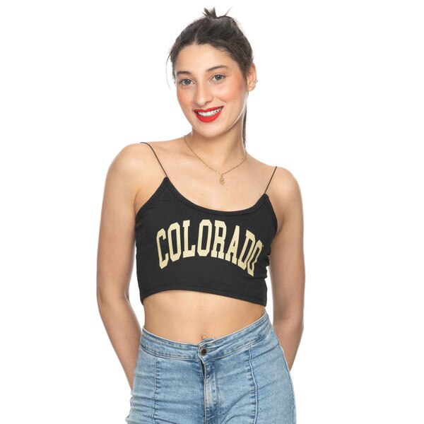 A black thin strapped cropped tank top with arched Colorado lettering on the front in vegas gold.