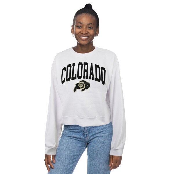 This is a white cropped sweatshirt with a black and gold C.U. Buffalo logo. The arched Colorado is black.