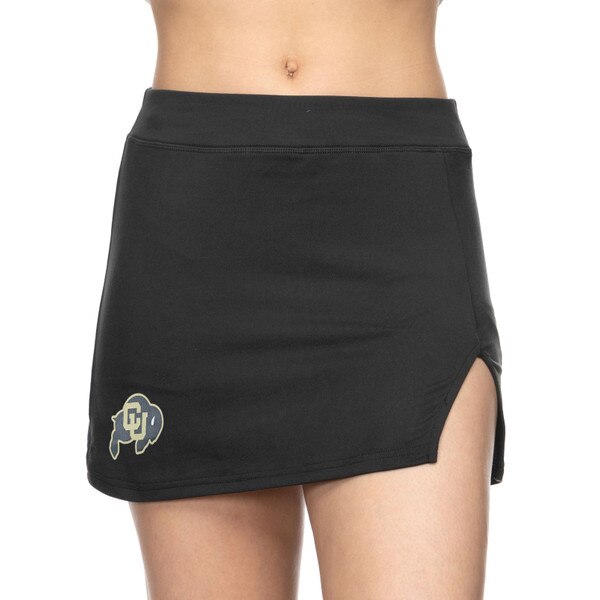 A photo showing the black skort with the CU Buffalo logo on the right bottom of the skirt and a v-notch slit on the left thigh. The skirt is mid to high waisted.waisted