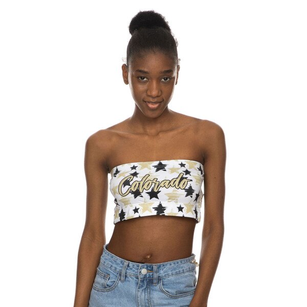 A white bandeau top with black and gold stars. The word "Colorado" is printed in gold lettering in the front center.