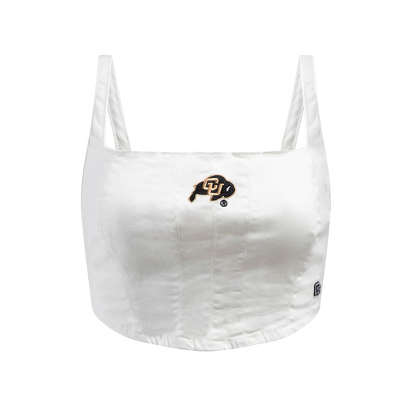 A white denim corset with an embroidered C-U Buffalo logo on the center front.