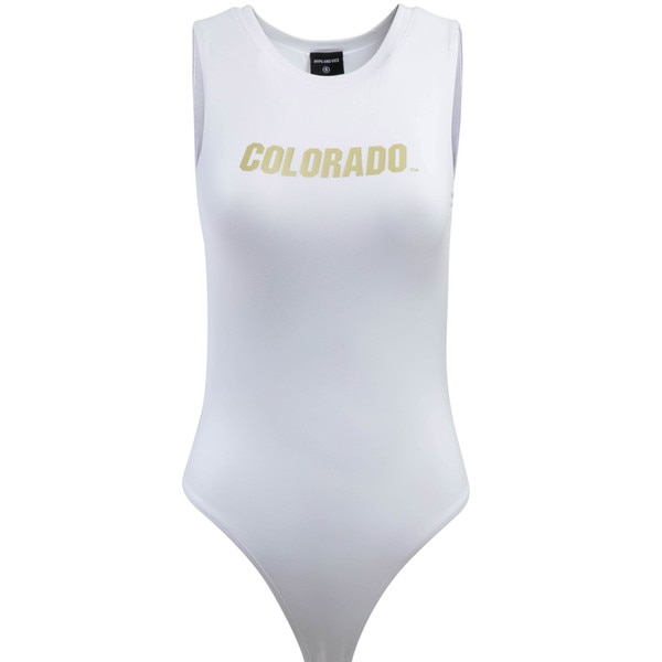 A photo of the front of the white bodysuit with the word "colorado" written in yellow across the chest.