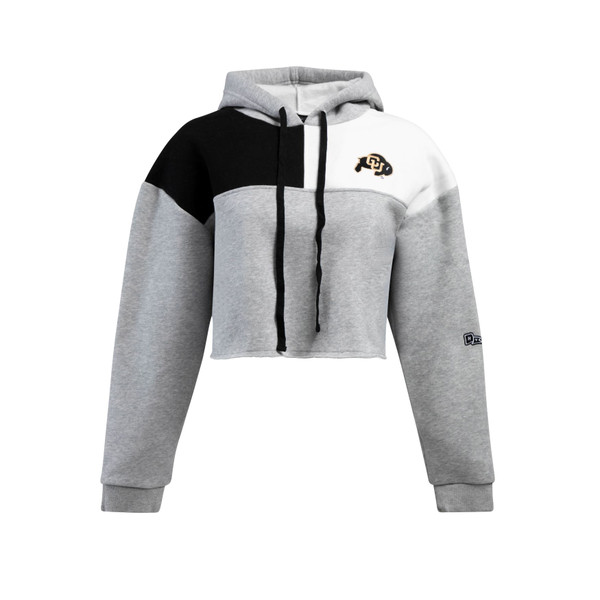 A gray, black, and white color block cropped hoodie with a C-U buffalo logo on the left chest.