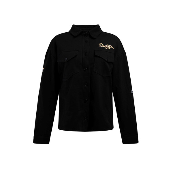 Collared button up jacket, with two chest pockets and Buffs embroidered in gold on left chest.
