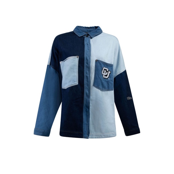 A multi-blue patchwork collared demin shirt with two chest pockets, with a c-u logo on the left chest pocket.
