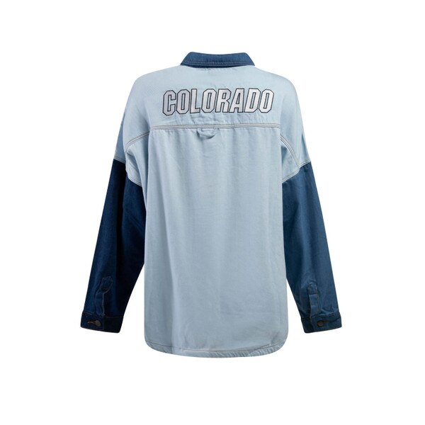 The backing of the same patchwork denim collared shirt, featuring Colorado written in bold block lettering on the top back.